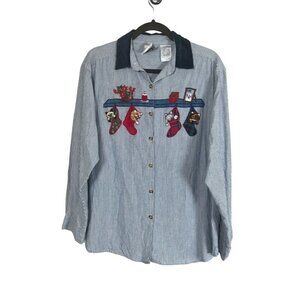 Christmas Striped Shirt L Cat Embroidery Festive Holiday Preppy Classic Retro